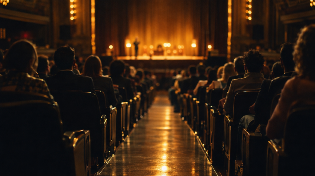 Allée centrale d'un auditorium bordée de spectateurs assis, menant à une scène éclairée, article sur comment devenir conférencier professionnel