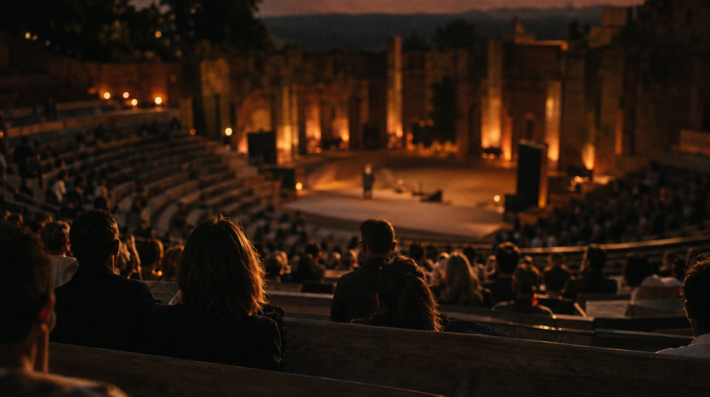 Grand amphithéâtre antique aux gradins de pierre, public assis de dos dans la lumière du soir, article sur l'art oratoire