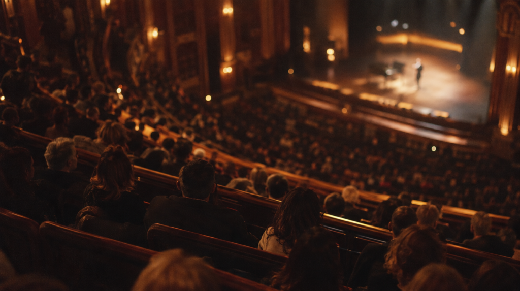 Amphithéâtre vu du dernier gradin, rangées courbes de participants assis, article sur trouver ce qui vous rend unique