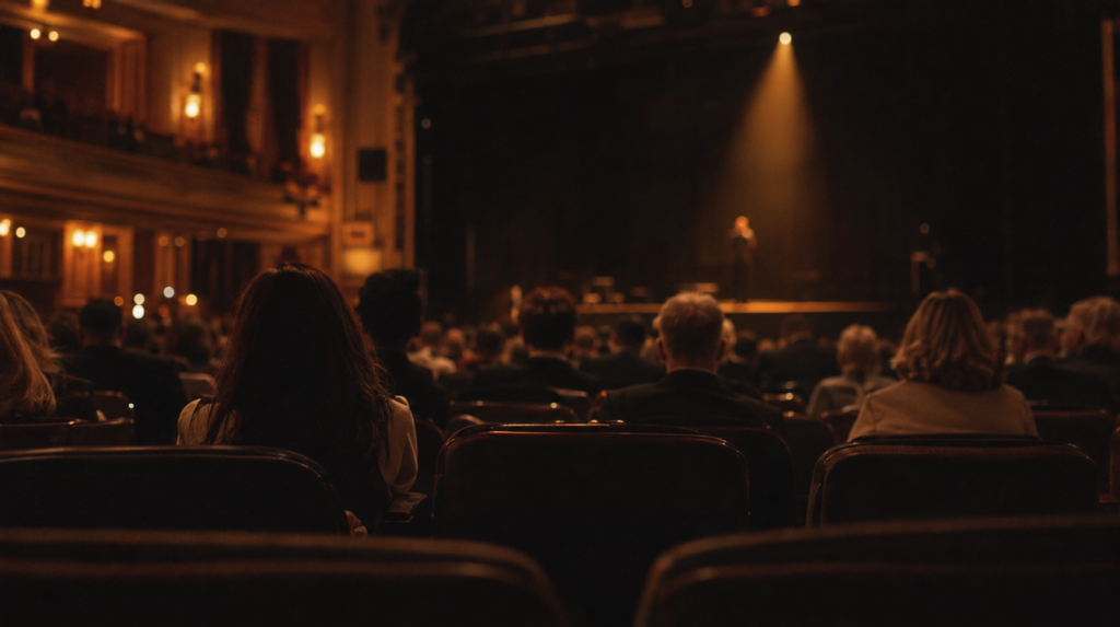 Auditorium avant le début d'une conférence, public assis vu de dos et quelques sièges vides au premier plan, article sur la différence entre conférencier et guide-conférencier