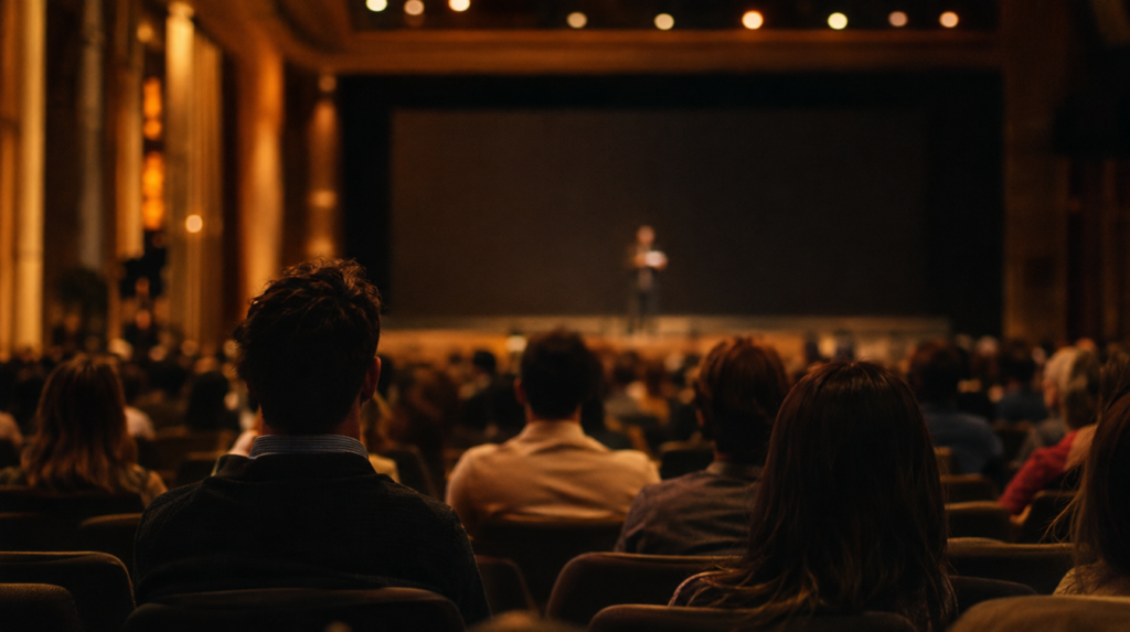 Auditorium d'entreprise moderne, salariés assis vus de dos face à un grand écran vierge, article sur devenir speaker en entreprise