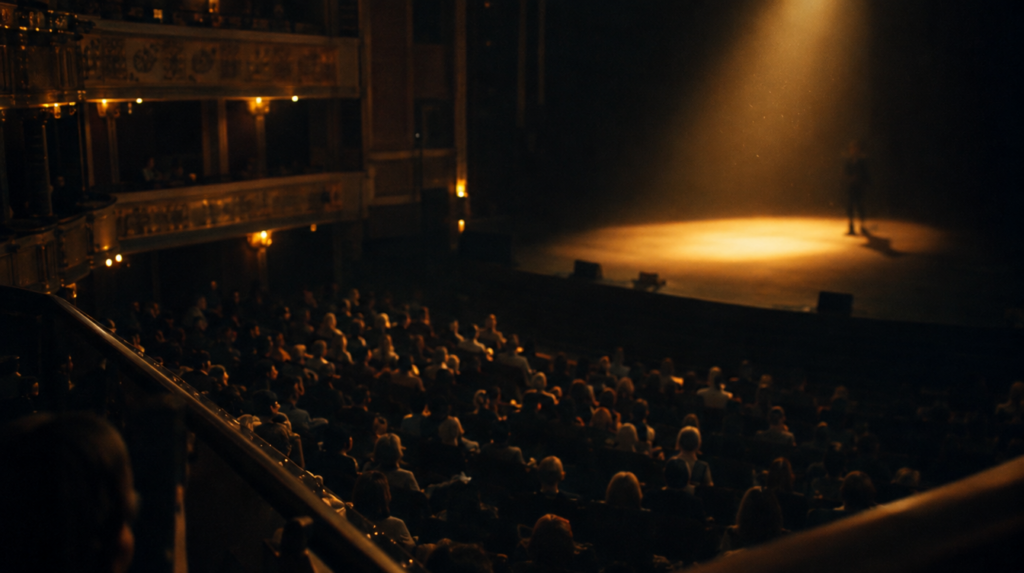Auditorium sombre vu depuis un balcon, public assis et faisceau doré sur une scène vide, article sur écrire sa conférence signature