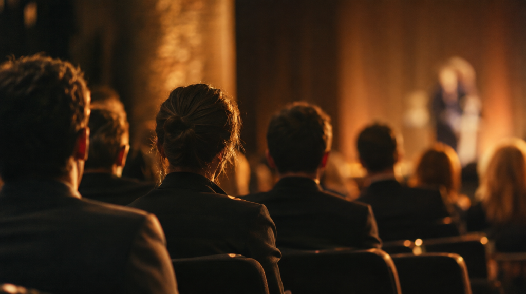 Premiers rangs d'un auditorium d'entreprise en trois quarts arrière, cadres attentifs sous une lumière dorée, article sur comment les entreprises choisissent leurs conférenciers