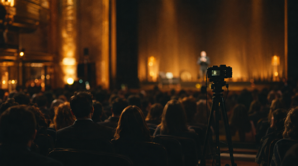 Auditorium sombre, public assis vu de dos et caméra sur trépied floue dans l'allée, scène dorée, article sur la vidéo de démonstration du conférencier