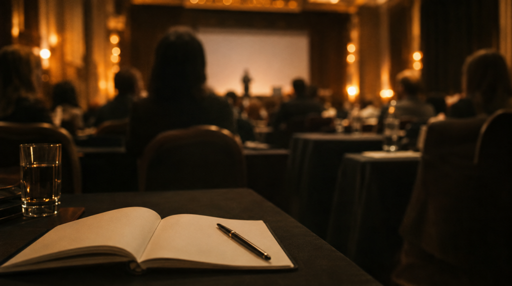 Carnet ouvert sur une page blanche avec un stylo, devant un public assis flou en salle de séminaire, article sur la newsletter du conférencier