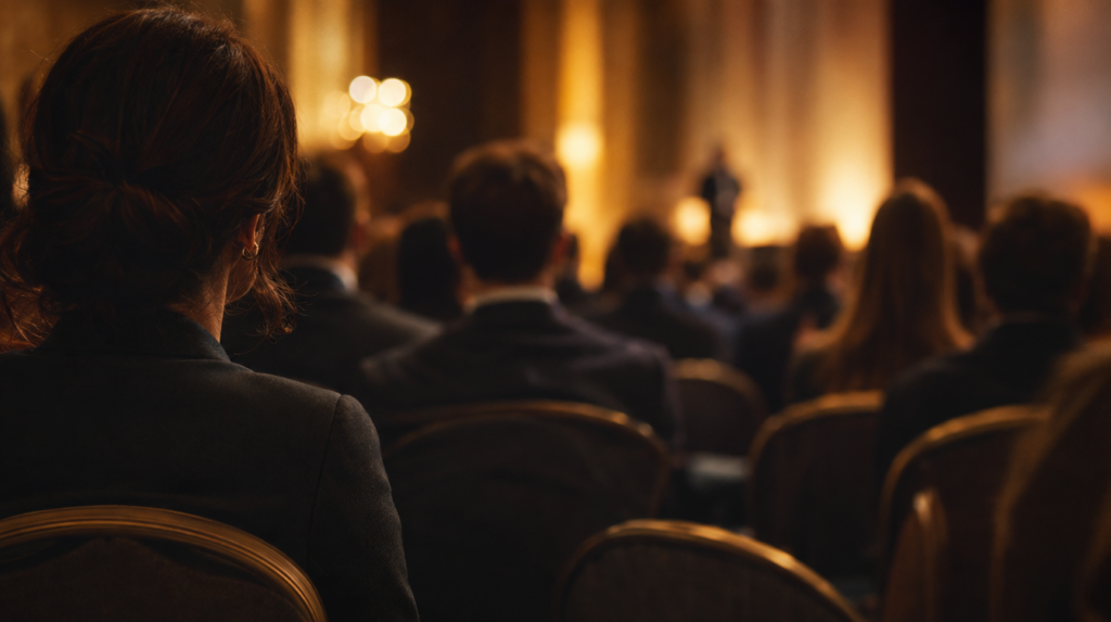 Vue par-dessus l'épaule d'une participante assise au dernier rang d'une salle de séminaire, article sur trouver ses premières conférences en entreprise