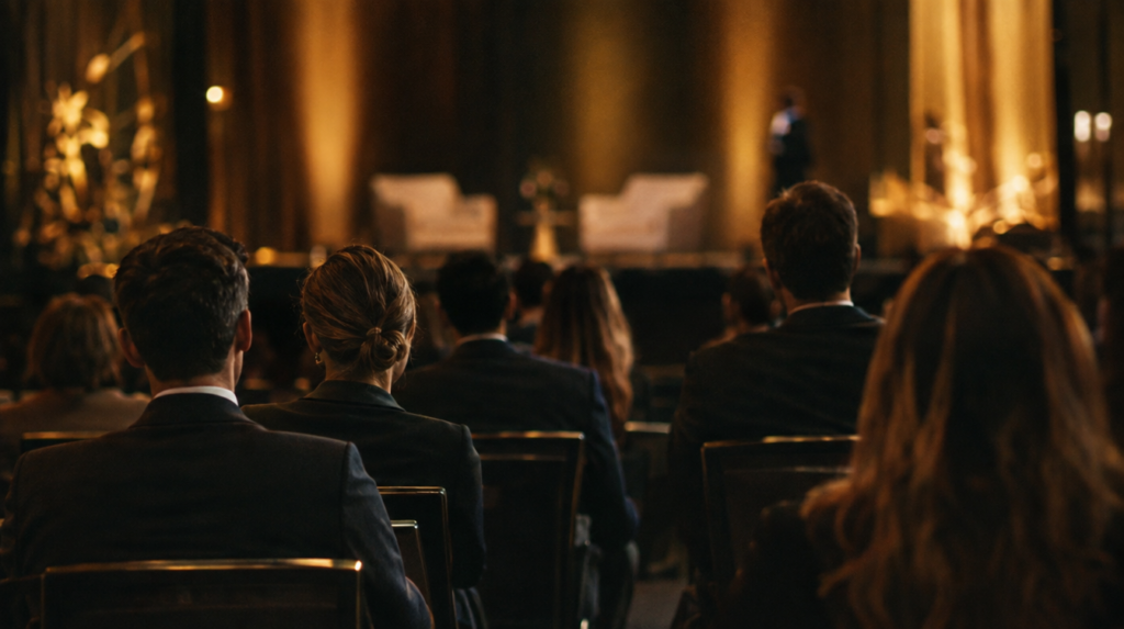 Conférence d'entreprise dans une salle moderne, participants assis de dos face à deux fauteuils vides sur scène, article sur utiliser LinkedIn pour décrocher des conférences