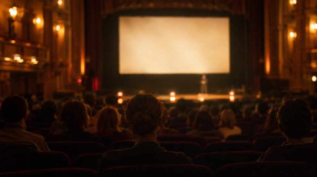 Auditorium vu des derniers rangs, public assis de dos face à un écran lumineux vierge au-dessus de la scène, article sur faut-il mettre toute sa conférence en ligne