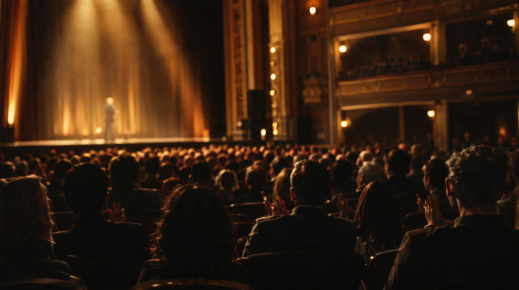 Grand auditorium, public assis vu de dos face à une scène baignée de lumière dorée, article sur devenir conférencier motivateur