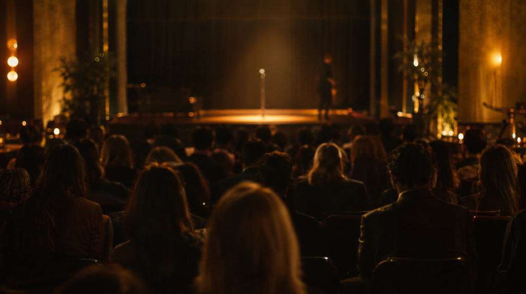 Petite salle sombre d'un événement de pitch, une trentaine de personnes assises vues de dos face à un micro seul sous un projecteur, article sur la méthode du pitch