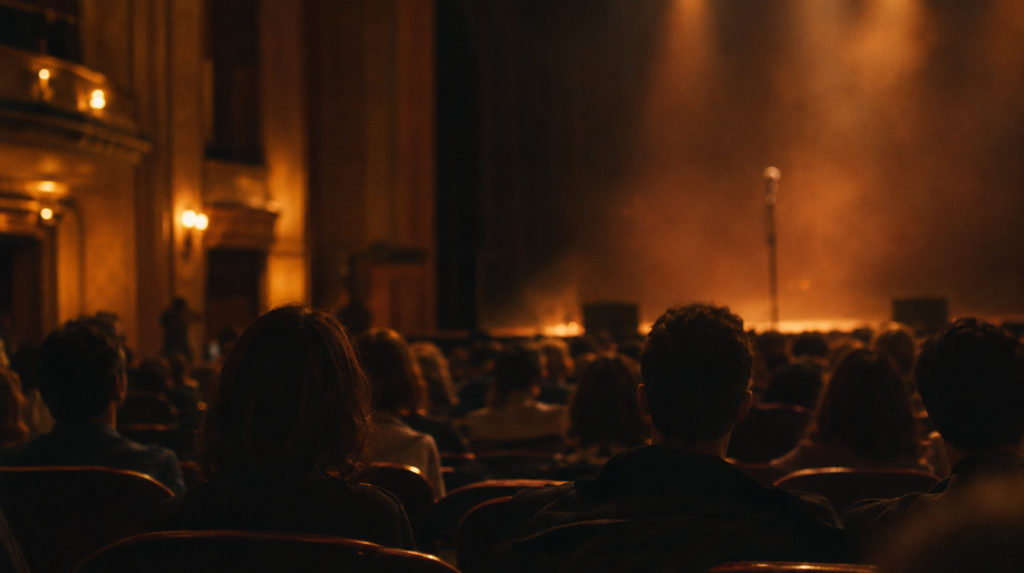 Auditorium chaleureux d'un lieu culturel, public assis de dos face à un pied de micro seul sur scène, article sur passer du gratuit au payé