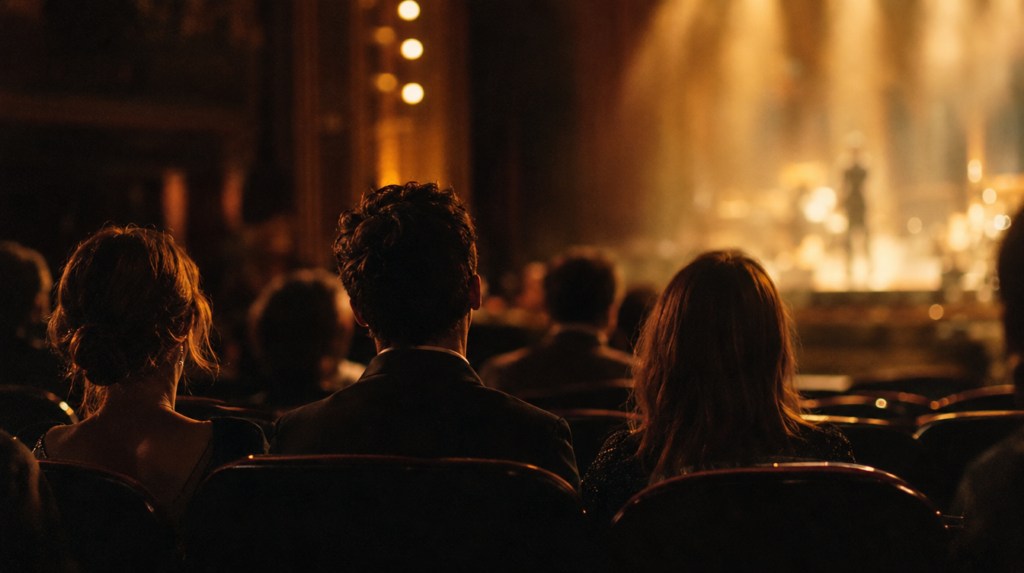 Premier rang d'un auditorium sombre en trois quarts arrière, posture attentive et lumière dorée, article sur le charisme