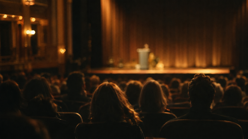Auditorium sombre vu du fond, public assis de dos face à une scène éclairée avec un pupitre vide, article sur les pires erreurs du conférencier débutant