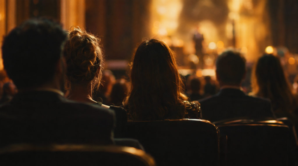 Rangée de participants assis vus de dos dans un auditorium sombre, lumière dorée sur les épaules, article sur les croyances qui empêchent de facturer ses conférences
