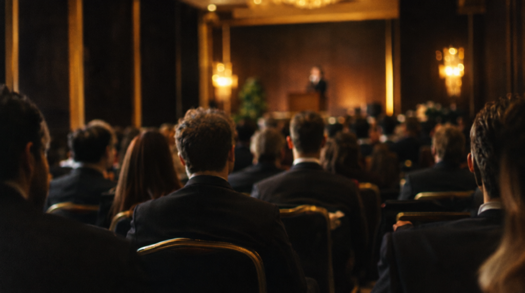 Participants en costume assis en rangées dans une salle de conférence d'hôtel, article sur le tarif d'une conférence