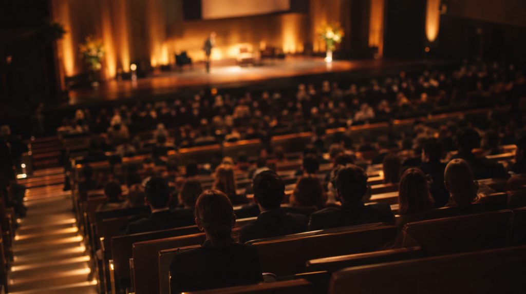 Salle de congrès à gradins, participants assis vus de dos et légèrement en surplomb, lumière ambrée, article sur la certification de conférencier