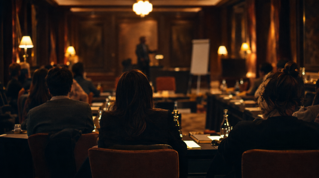 Salle de formation en U vue de dos, participants assis à leurs pupitres devant un paperboard flou, article sur la différence entre conférencier et formateur