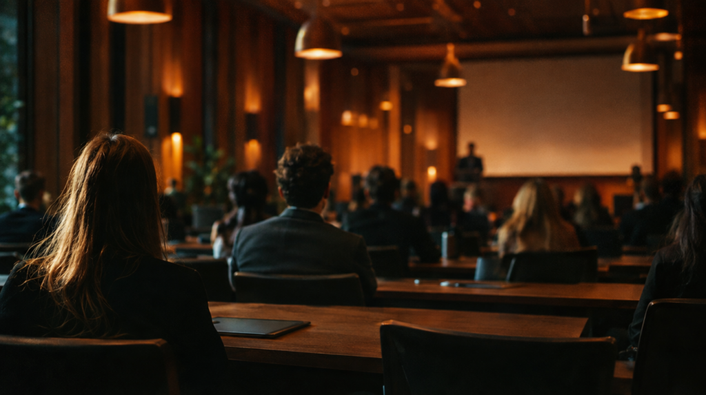 Salle de séminaire moderne aux boiseries, participants assis à des pupitres vus de dos sous des suspensions chaudes, article sur le site web du conférencier