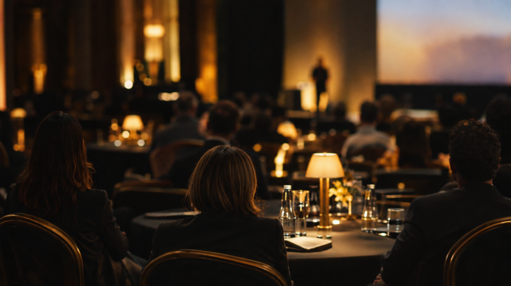 Salle de séminaire en tables rondes, participants assis vus de dos sous des lampes de table, article sur les différences entre keynote, conférence et atelier