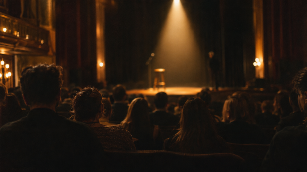 Théâtre intime, public assis de dos face à un tabouret seul sous un projecteur, article sur le storytelling du conférencier