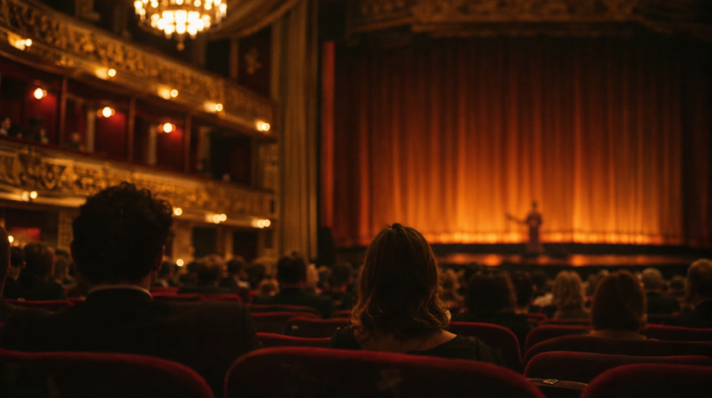 Public assis dans un théâtre aux fauteuils rouges face à un rideau de scène ambré, article sur le salaire d'un conférencier