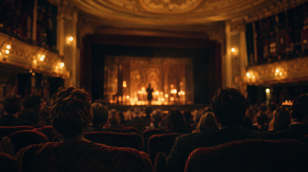 Vieux théâtre aux fauteuils de velours, public assis de dos face à une scène éclairée comme à la bougie, article sur la mécanique du storytelling